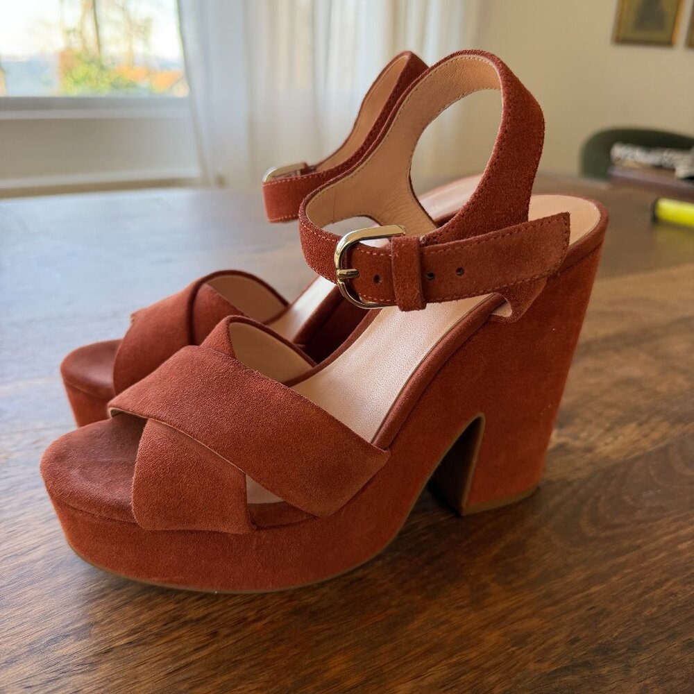 Kate Spade Suede Platform Block Heel Sandals • 6.5 • Rust Cognac • Ankle Strap - Picture 3 of 8